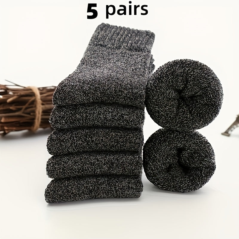 Men's Wool Blend Mid-Calf Winter Socks Set of 5 Solid Colors Warm Casual Gift-Ready