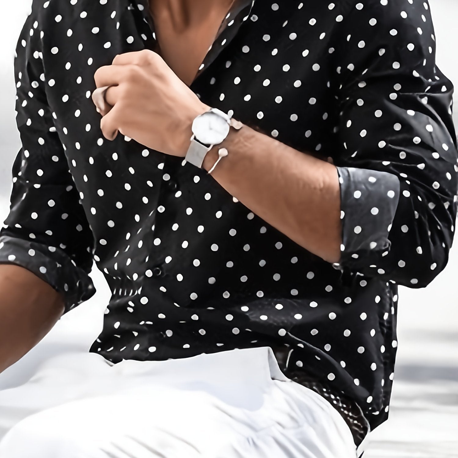 Plus Size Men's White Polka Dot Water Pattern Long Sleeve Casual Shirt