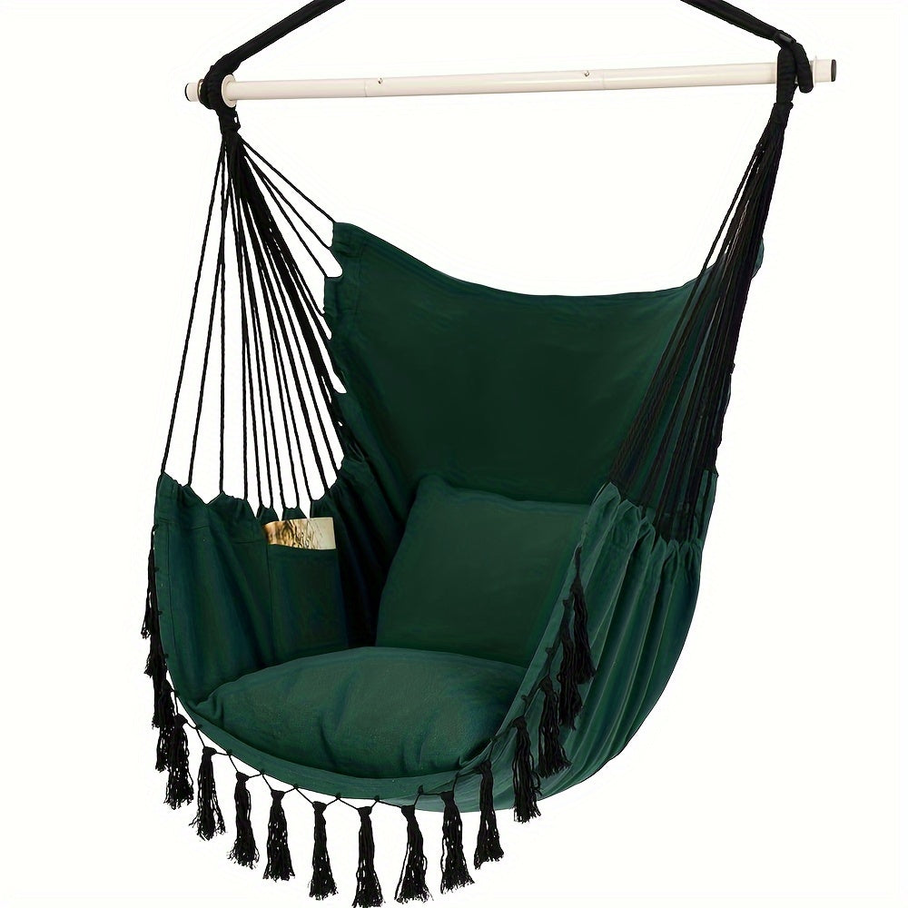White Canvas Hammock with Tassels and Cushions for Indoor Outdoor Use Supports Up to 226.8 KG