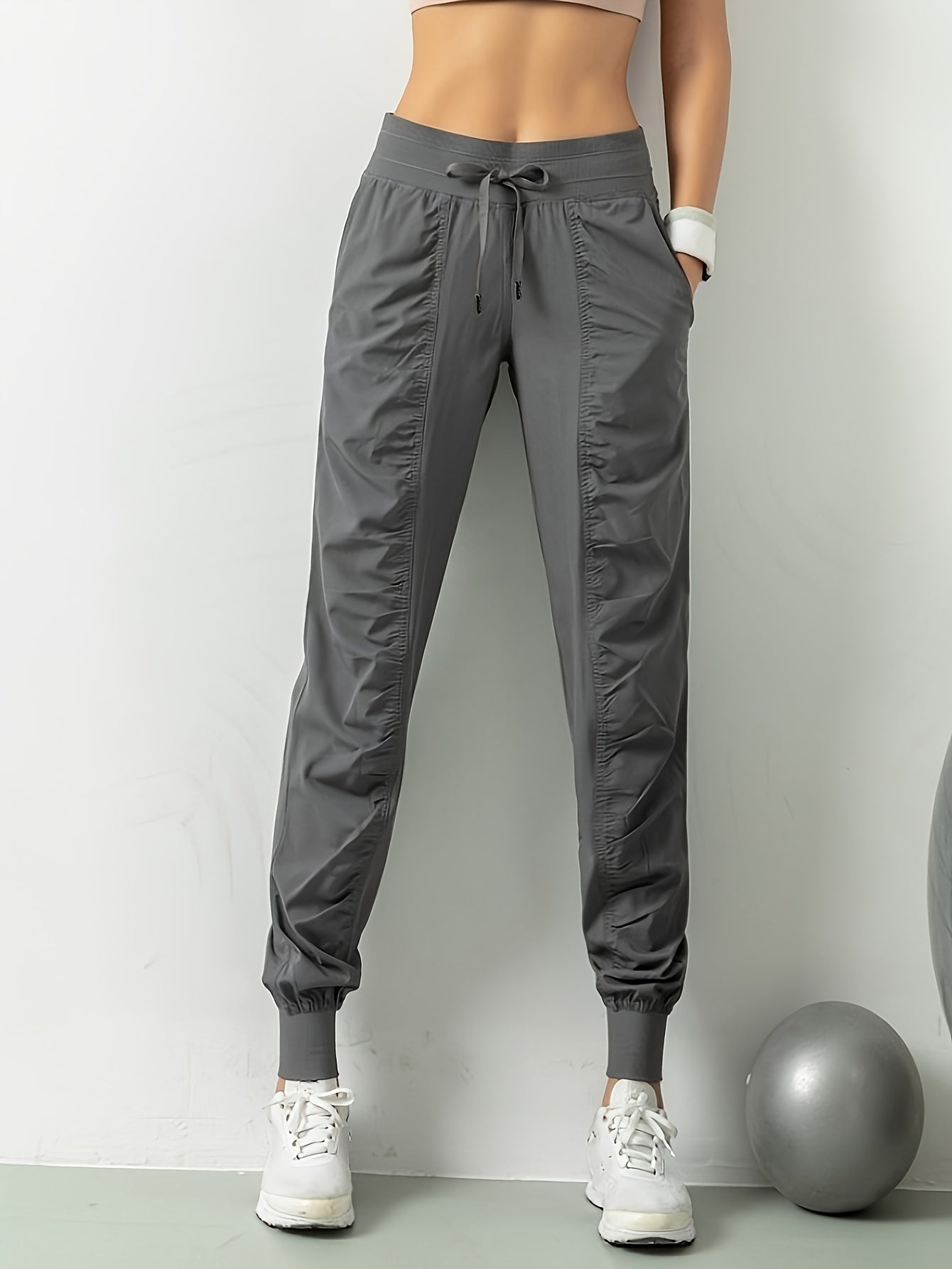 Women's Solid Color Sports Pants with Drawstring Waist Quick Dry Breathable Stretchy Long Length