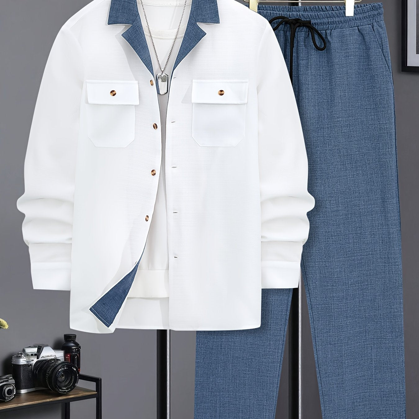 Men's Autumn Winter Long Sleeve Button Shirt and Casual Pants Set Polyester Solid Color Regular Fit