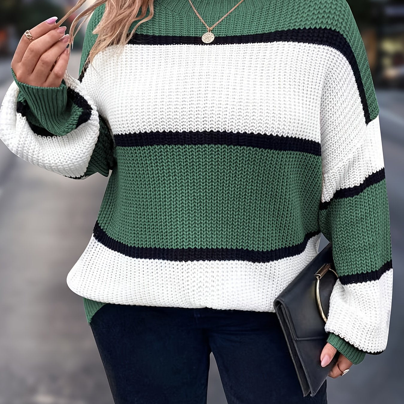 Plus Size Women's Striped Turtleneck Sweater Long Sleeve Winter Top