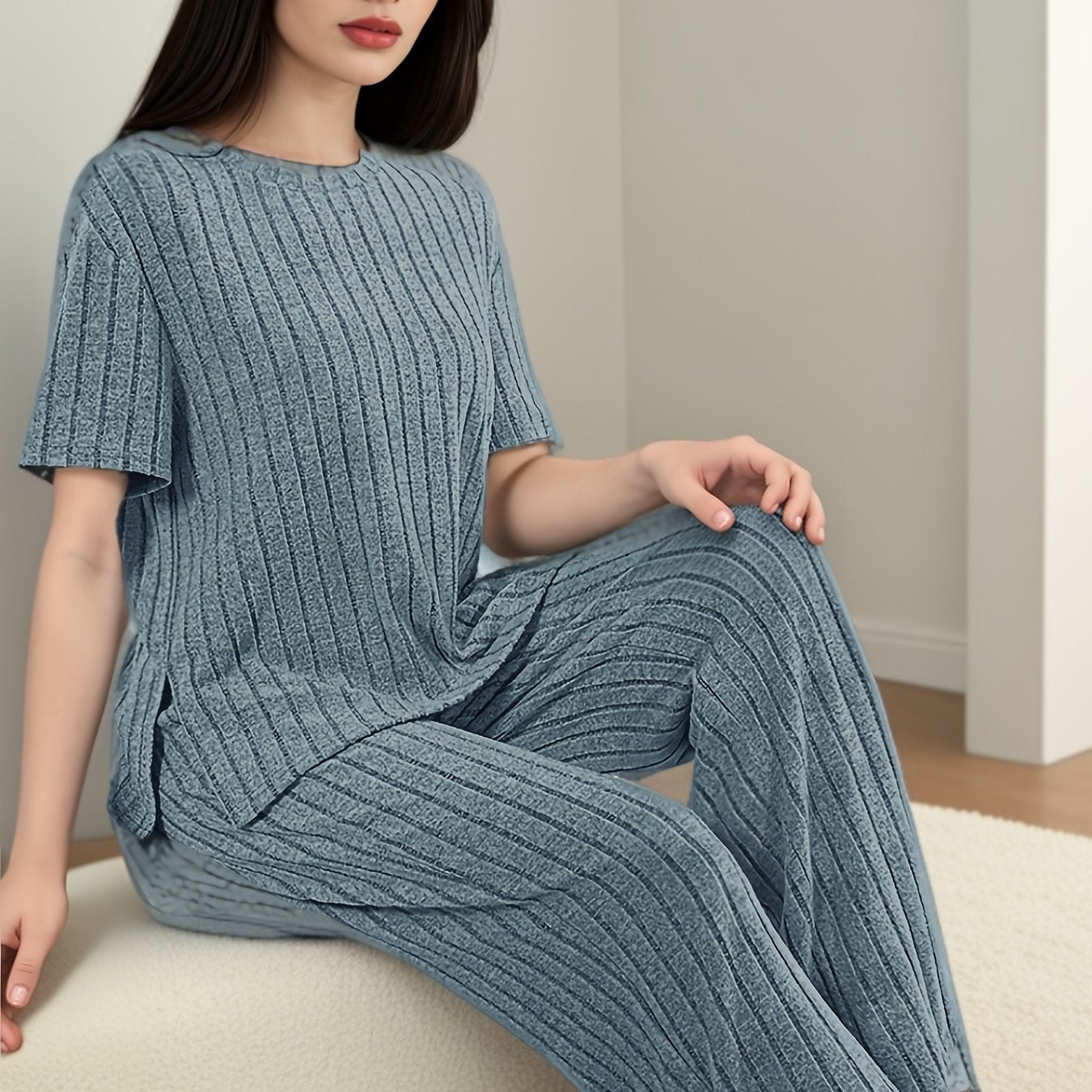 Women's Solid Ribbed Lounge Set with Short Sleeve Top and Pants Comfortable Loose Fit Fall Winter
