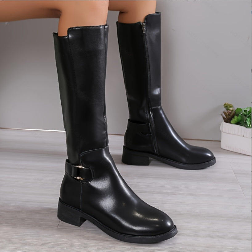Women's Black Mid-Calf Boots Synthetic Chunky Heel Zipper Closure
