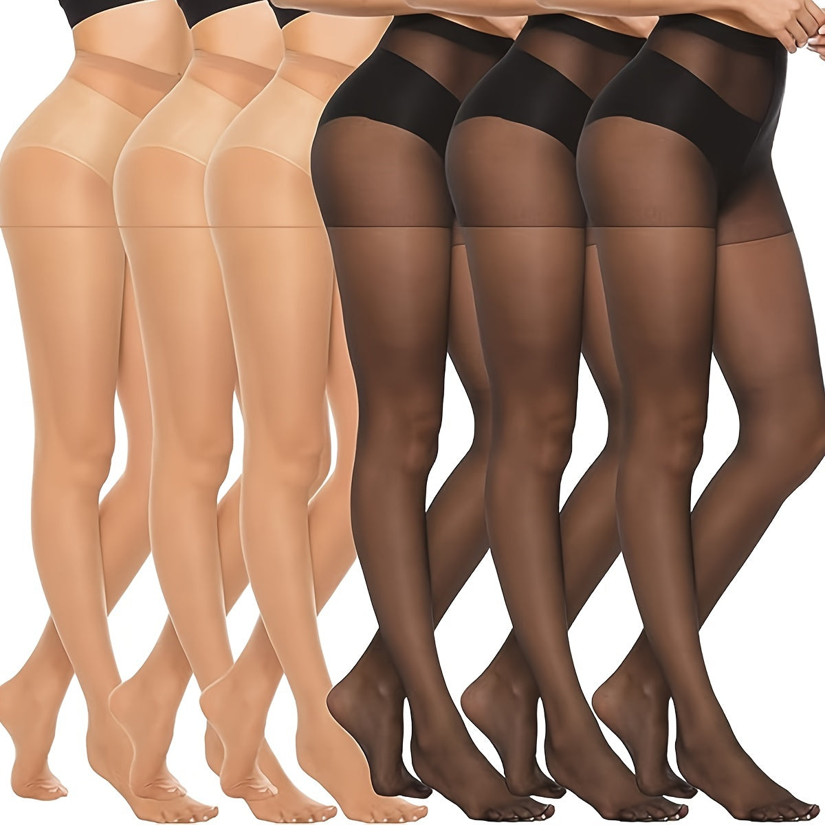 Women’s High-Waisted Semi-Sheer Footed Pantyhose 6 Pack Nylon Spandex