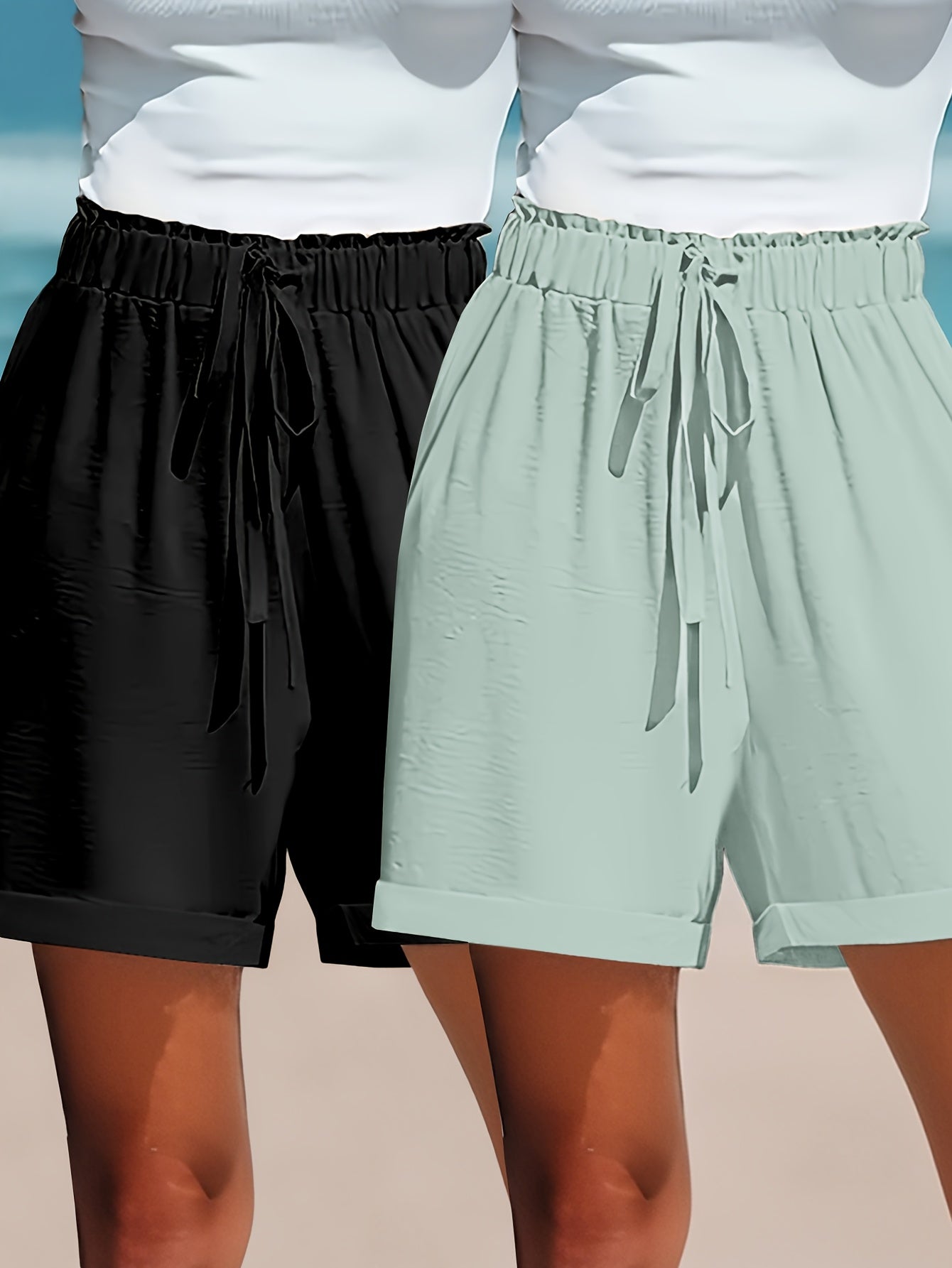 Plus Size Womens Casual Solid Color High-Waisted Loose Wide-Leg Shorts 2pcs Set