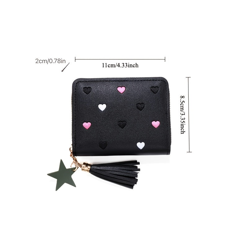 1 dona Honey Girl ayollar uchun hamyon, tassel fermuarli tangalar sumkasi, kredit karta joylari, ingichka moslashuv, PVC sun'iy charm, qora/gray/qizil tasodifiy print dizayni.