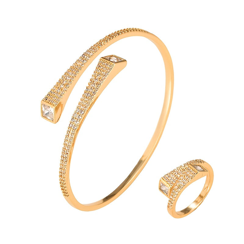 Open Silver Water Diamond Bangle and Ring Set for Women