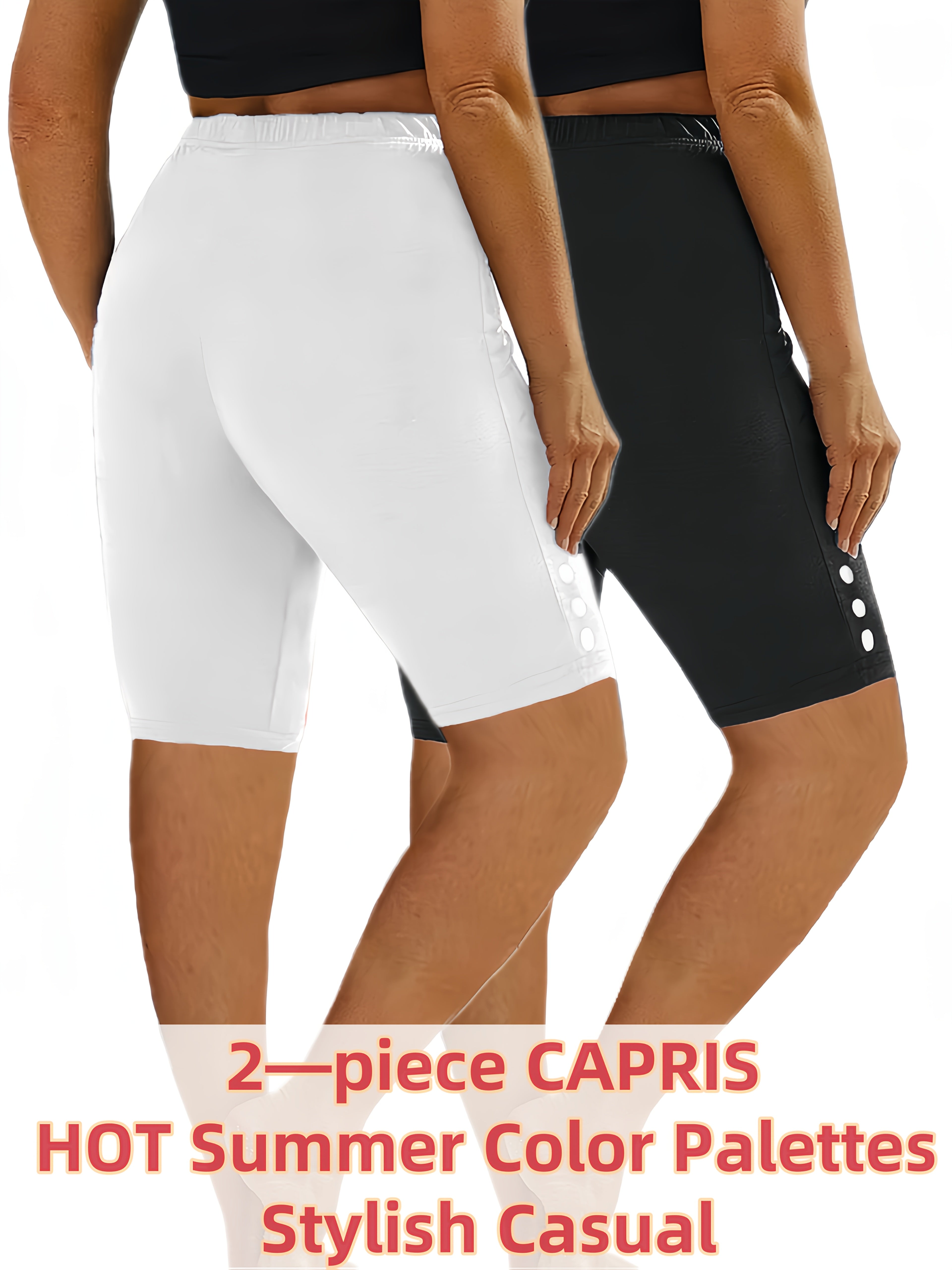 Plus Size Women's High-Waisted Capri Leggings Yoga Shorts, Stretchy, Lightweight Summer Activewear Black Green