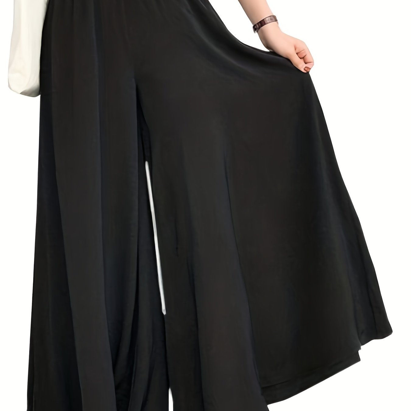Women's Plus Size Casual Wide Leg Pants with Solid Color High Rise Elastic Waist