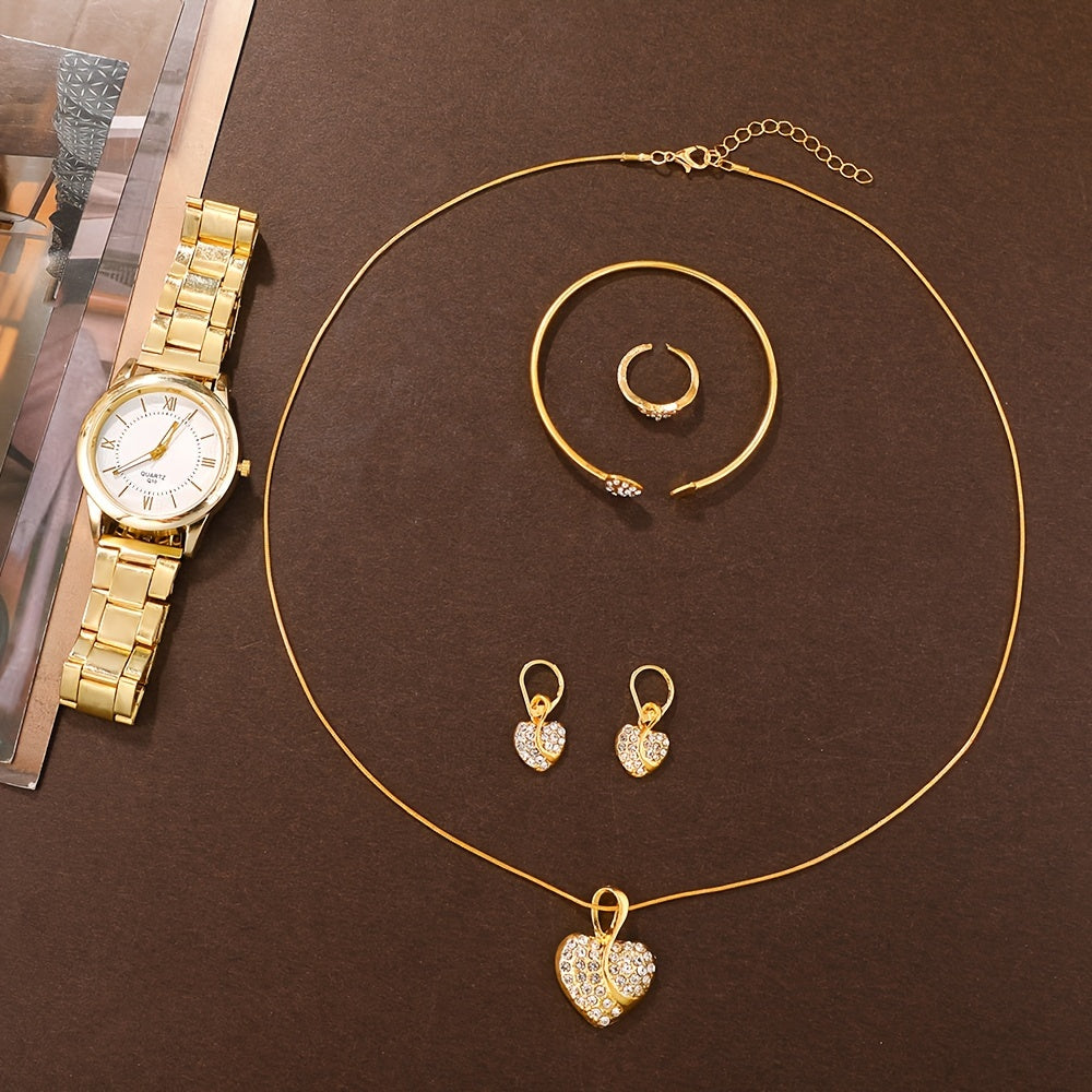 Набор из 6 золотых кварцевых часов с алюминиевым ремешком, корпусом, стрелкой и браслетом, ожерельем, серьгами, кольцом с стразами. Подарок для мамы.