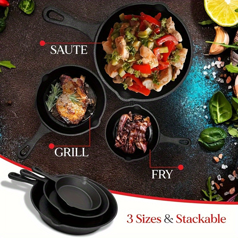 3-Piece Cast Iron Skillet Set Non-Stick Saute Sear Bake for Gas Electric Stove