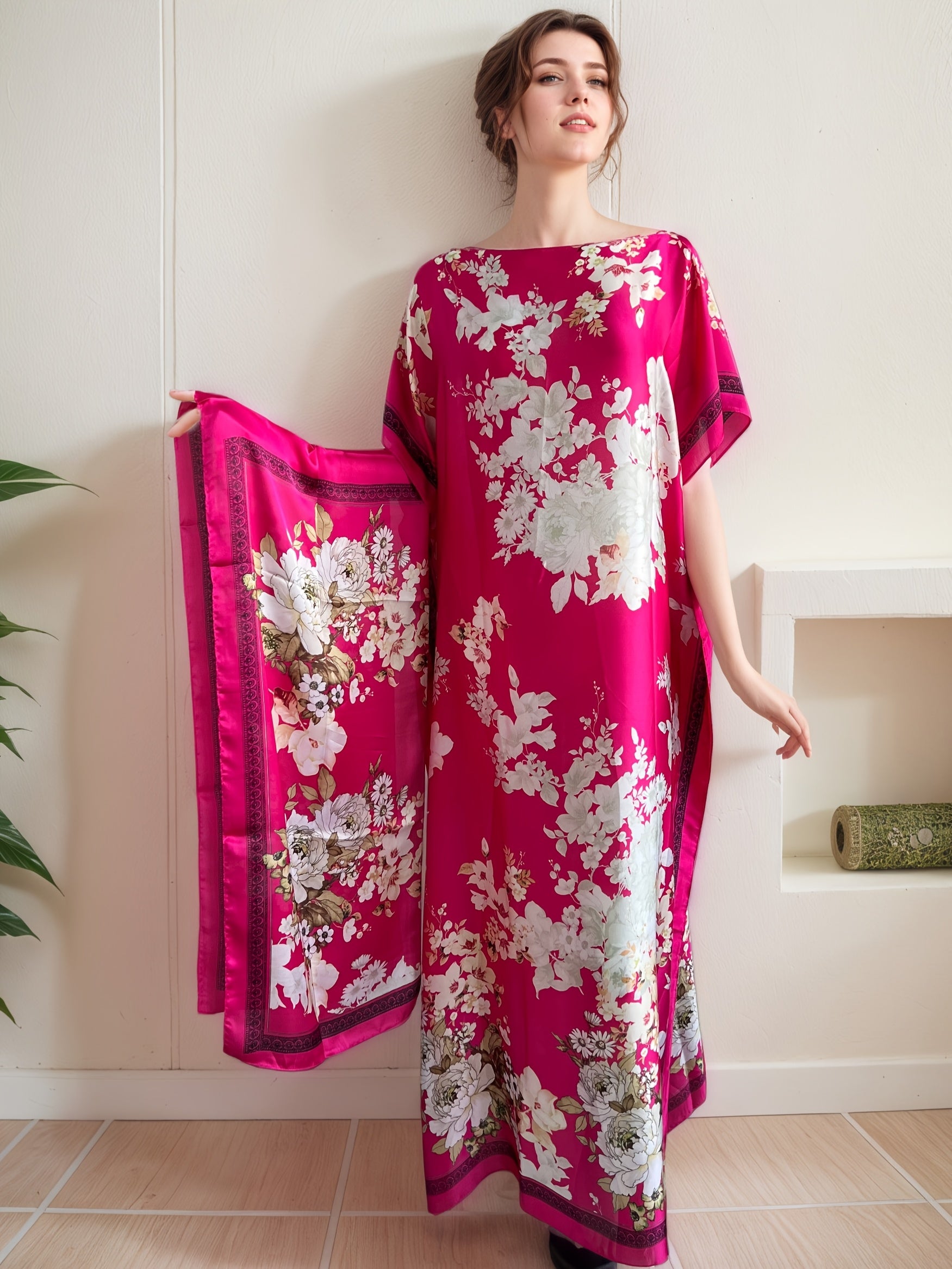 Платье макси большого размера с цветочным принтом и шарфом, свободный крой, длинные рукава, универсальный сезон