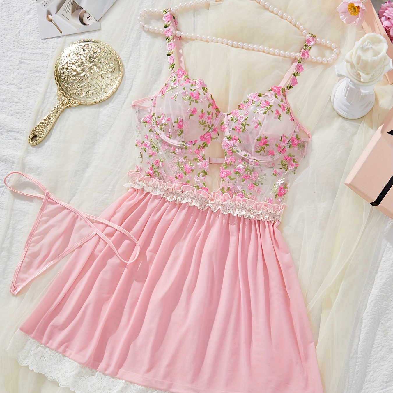 Lingerie Floral Lace Trim Dress V-Neck Backless Sensual Lingerie