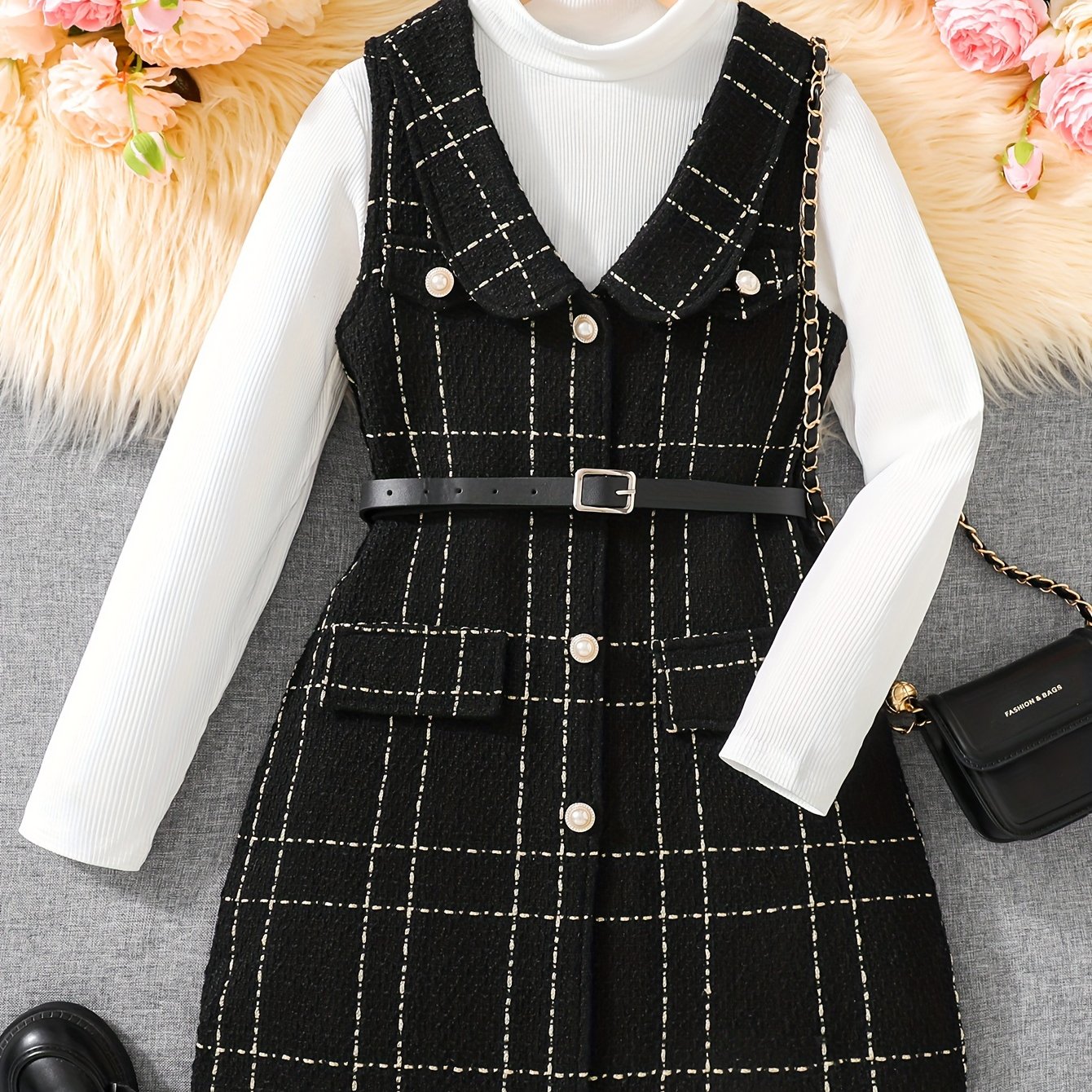 Детский комплект из платья в клетку и топа с высоким воротником, полиэстеровая смесь, весна-осень, для прогулок на улице