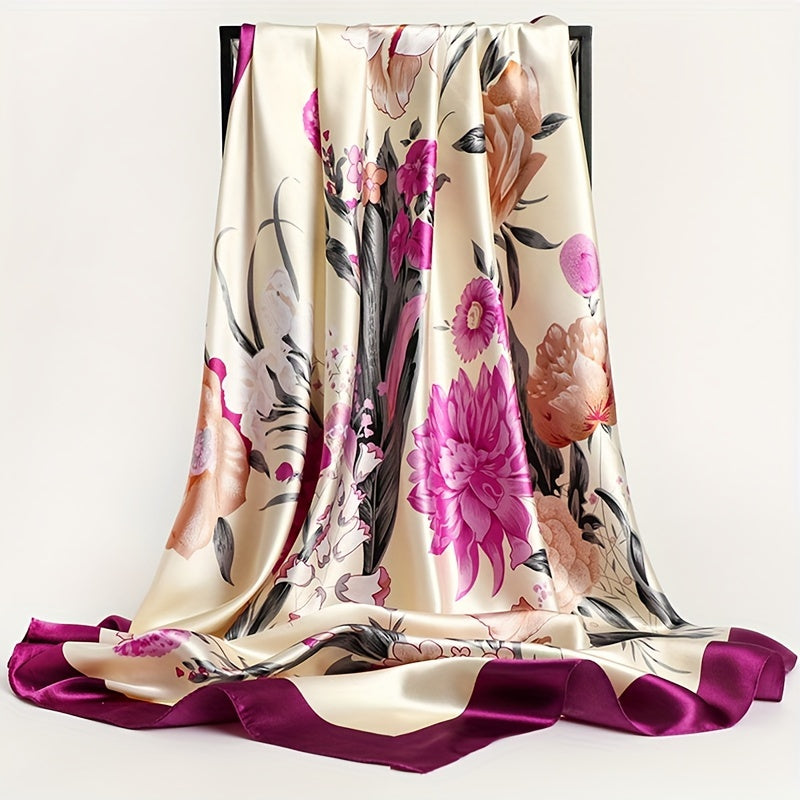 Women's Satin Flower Print Square Scarf 89.99cm Sun Protection Windproof Shawl