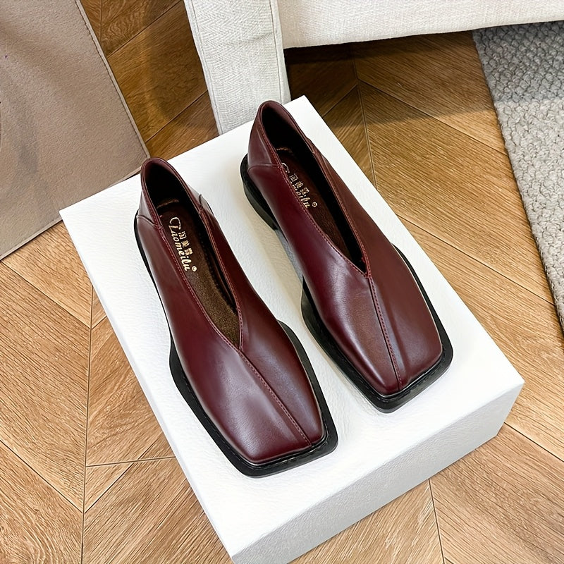 Women's Burgundy Square-Toe Slip-On Flats Lightweight Comfortable Casual Shoes