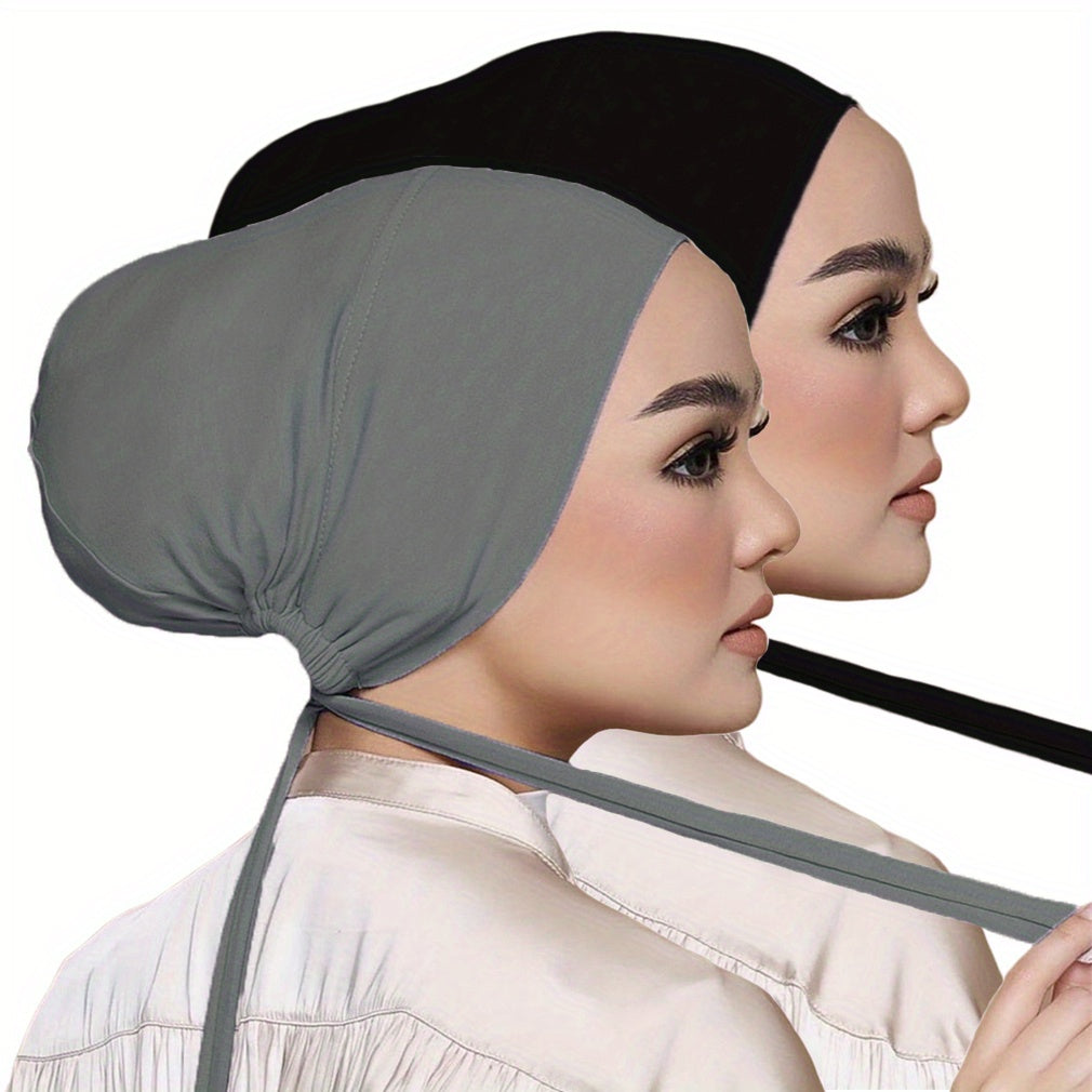 Set of 2 Solid Color Tied Back Undercaps with Elastic Inner Hijab Caps for Women