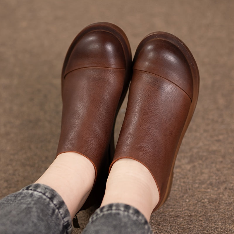 Women's Faux Leather Round Toe Zipper Short Boots with Low Heel and Ankle Support