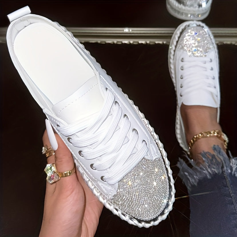 Women's Rhinestone Sneakers Platform Casual Shoes White Lace-Up Flats Plus Size