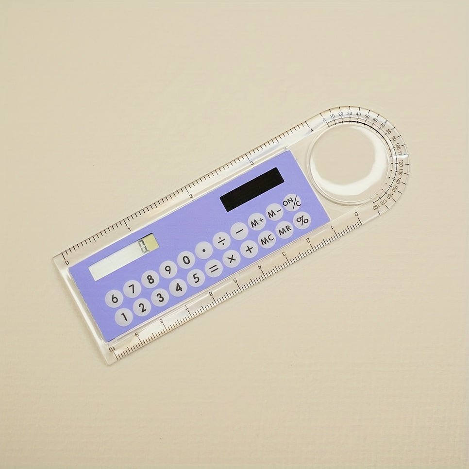 Mini Ultra-Thin Solar Calculator Ruler with Magnifying Glass 10cm Office School Supplies