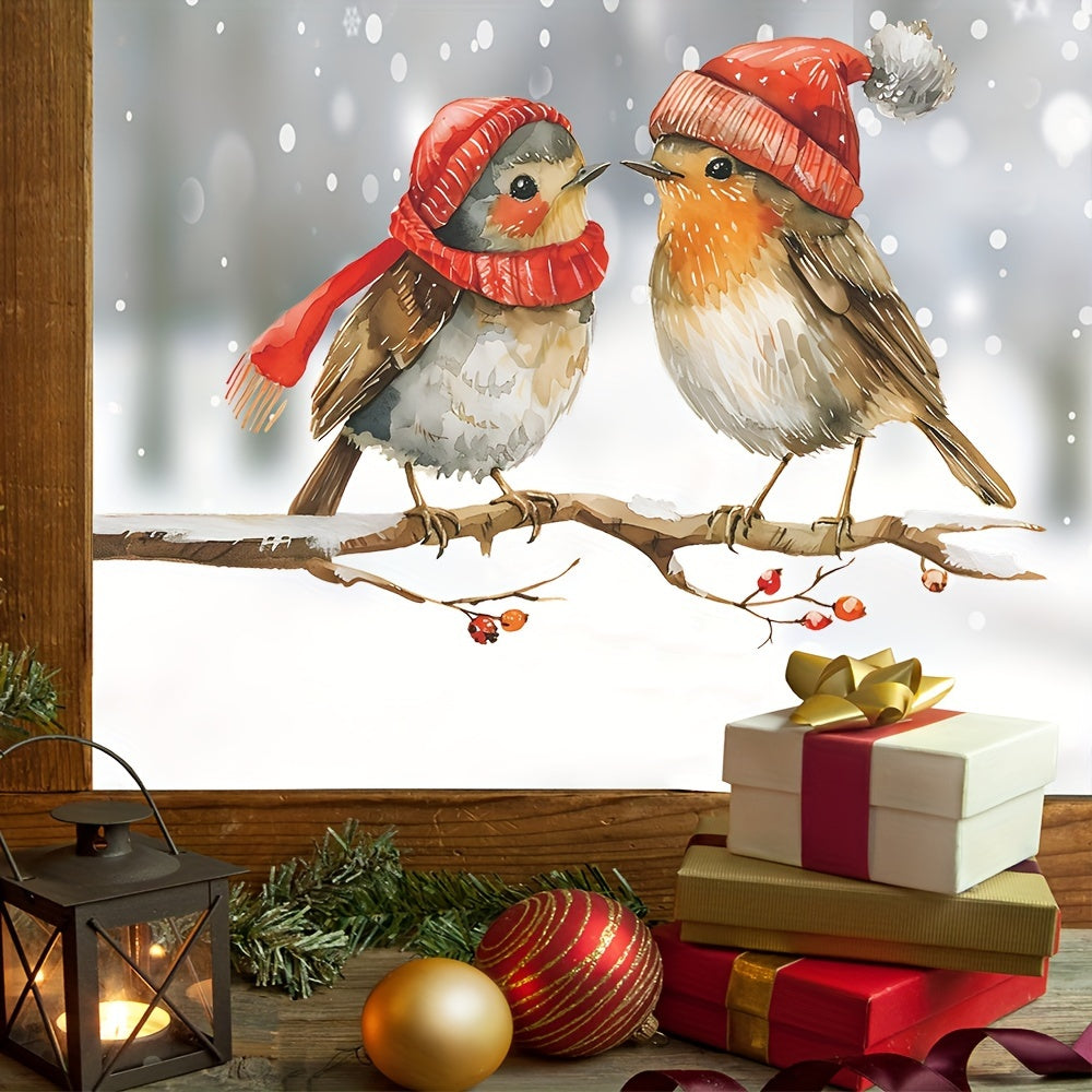 Decorative Christmas Window Decals Birds Red Berry Branches Glass Clings Self-Adhesive Holiday Decor