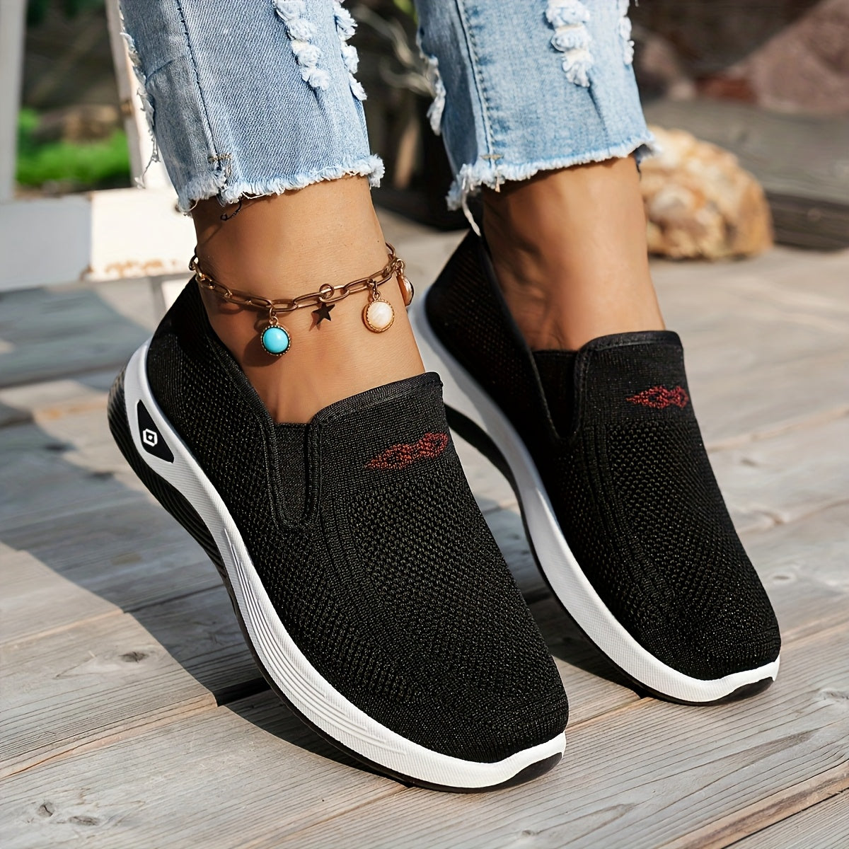 Women's Slip-On Casual Sneakers - Breathable Fabric, Rubber Sole, All-Season Black and White