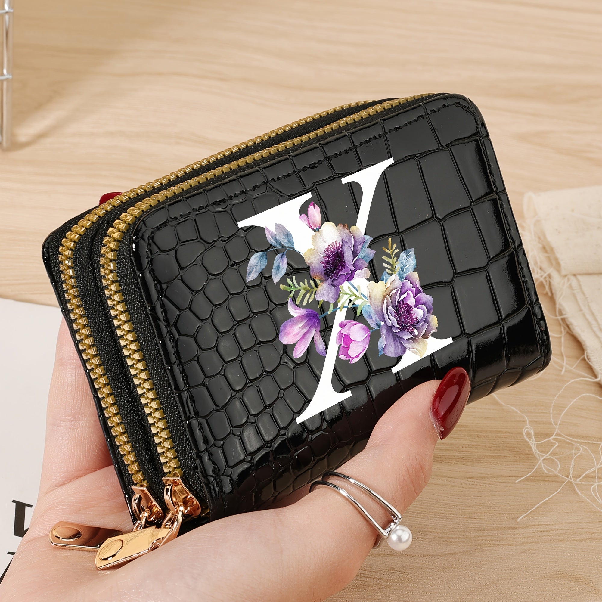 Minimalist Floral Credit Card Holder with Zipper Coin Purse for School and Back-to-School Supplies