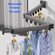 Wall-Mounted Folding Clothes Rack with Telescopic Drying Rod Space-Saving Clothes Dryer with Hooks