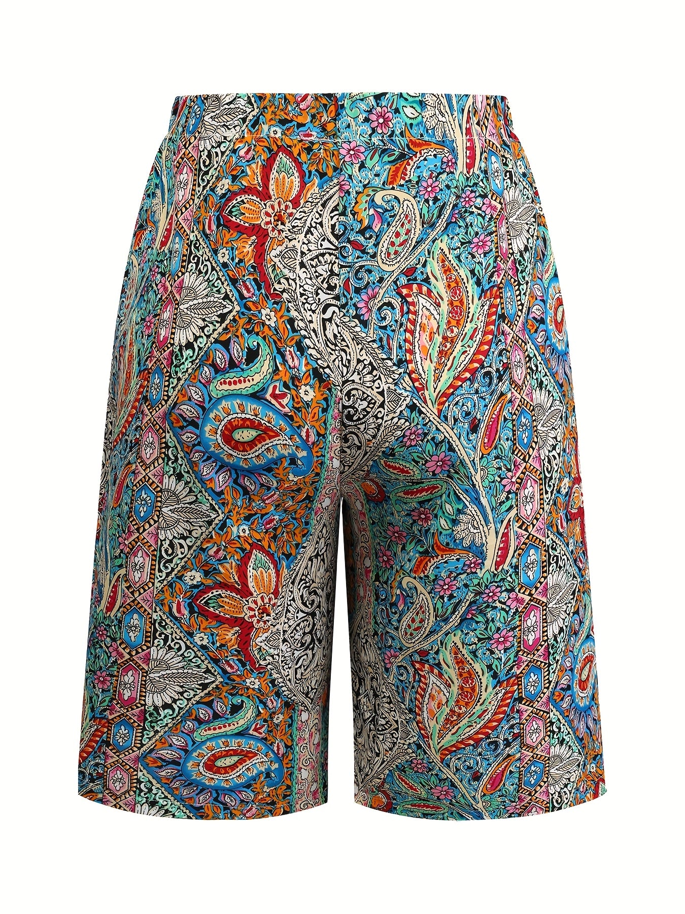 Women's Plus Size V-Neck Printed Casual Shorts Tie Waist Polyester Summer Beachwear