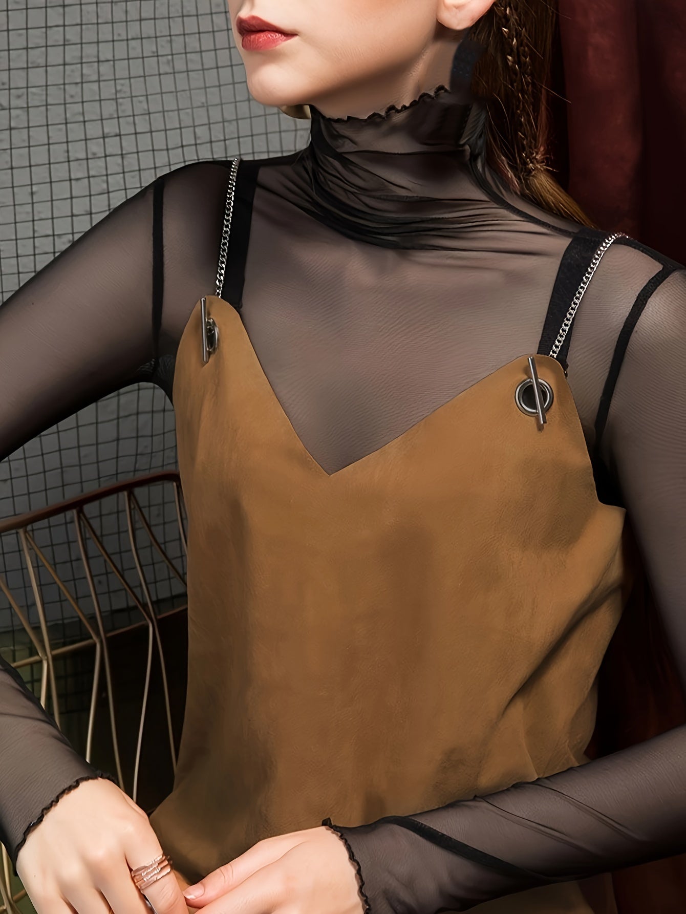 Women's Mesh Lounge Top with High Neck and Lettuce Trim Solid Color