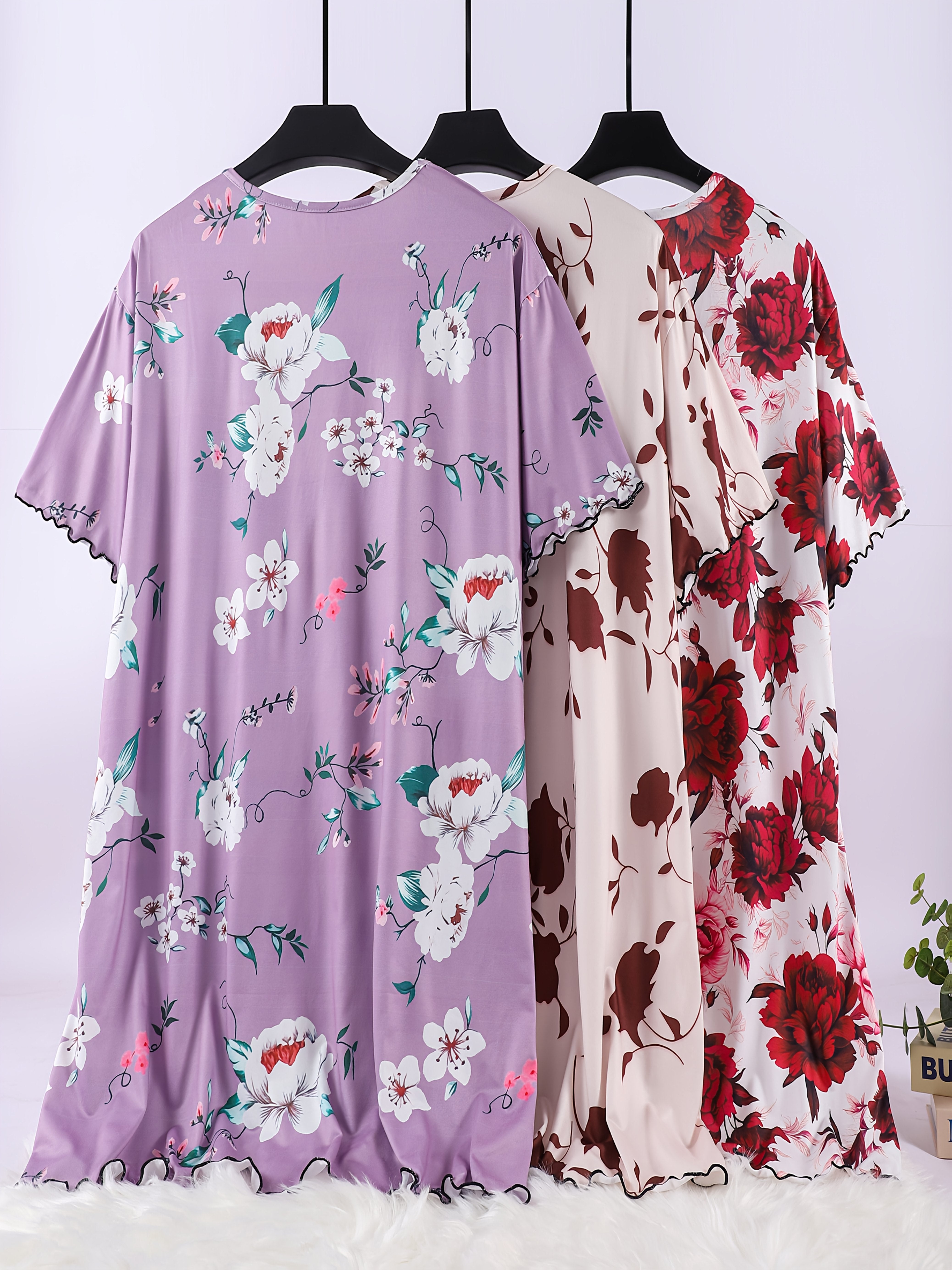 Women's Large Floral Sleep Dress 3 Pack Short Sleeve Lounge Nightwear