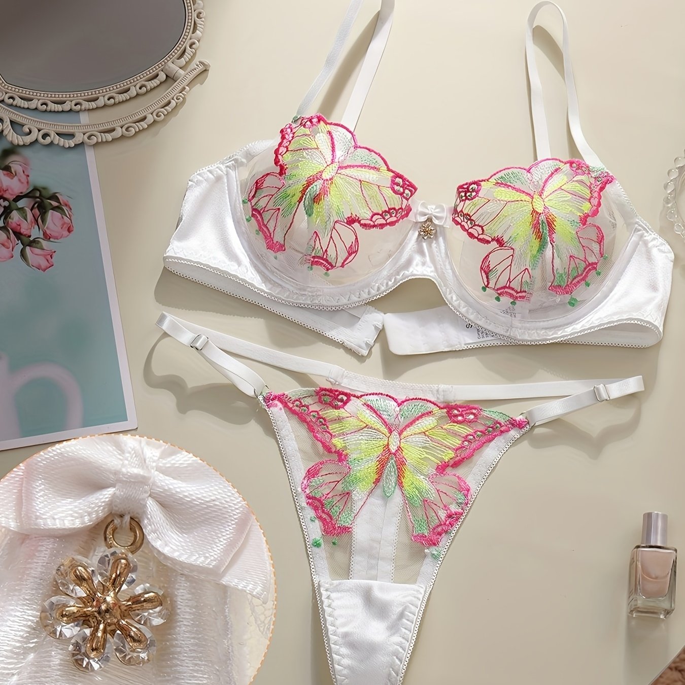 Women's Butterfly Lingerie Set with Sheer Mesh Embroidered Underwire Bra and Thong