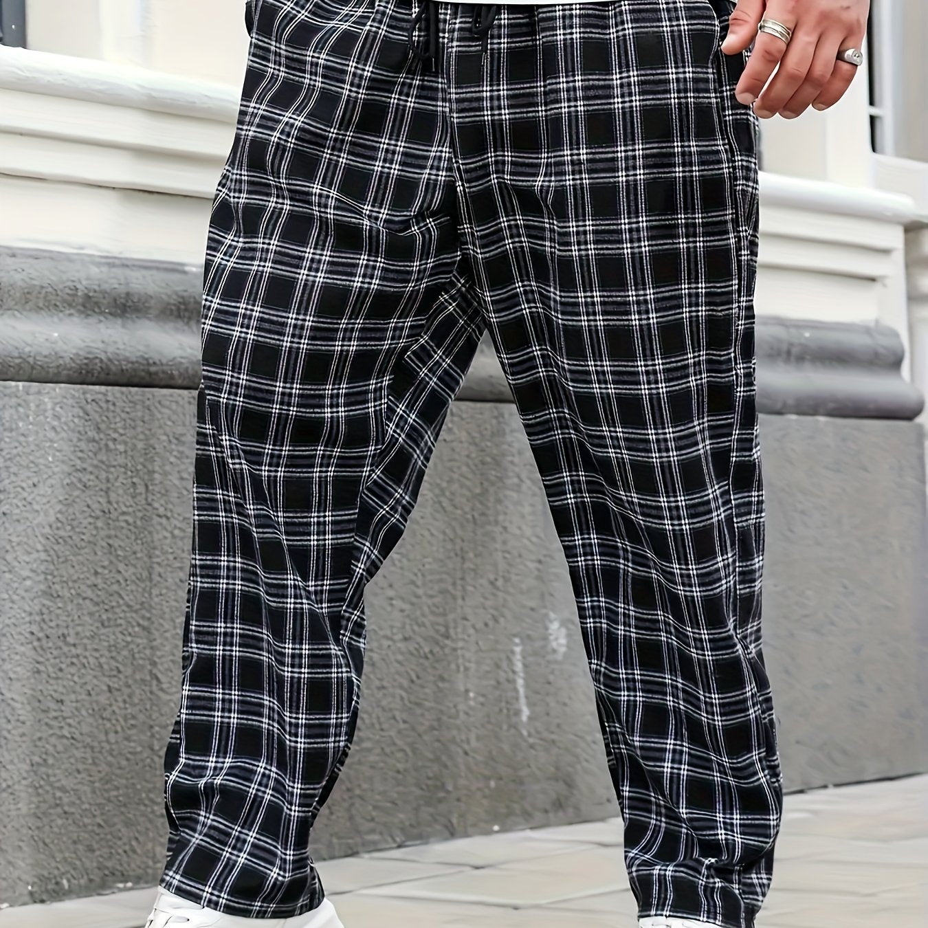 Men's Black and White Plaid Casual Pants Polyester Non-Stretch Drawstring Plus Size