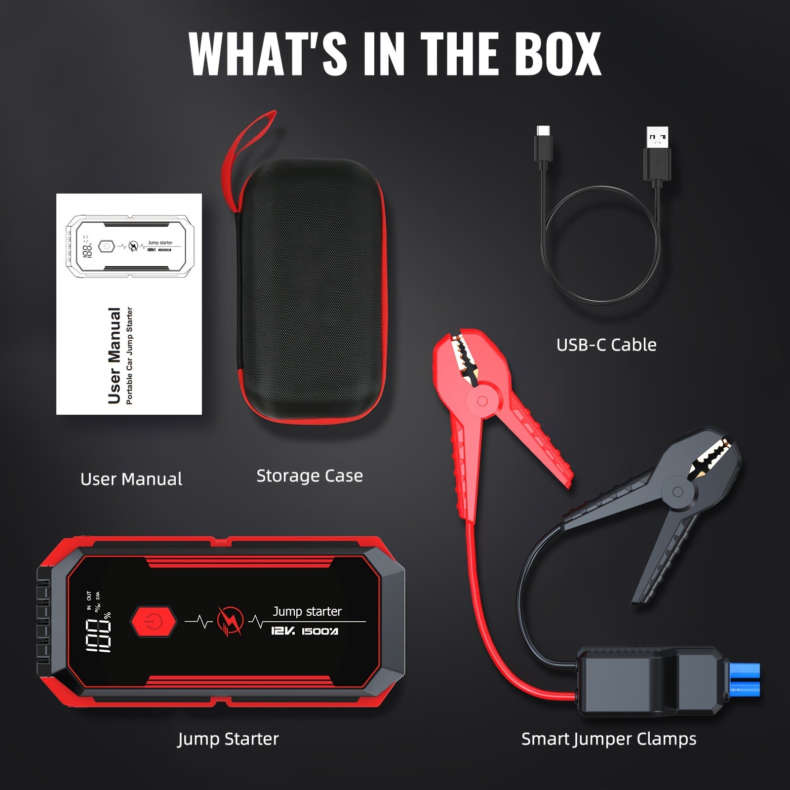 2500A Portable Car Jump Starter with Fast Charging LED Light USB QC3.0 for Up to 8L Gas and 7L Diesel Engines