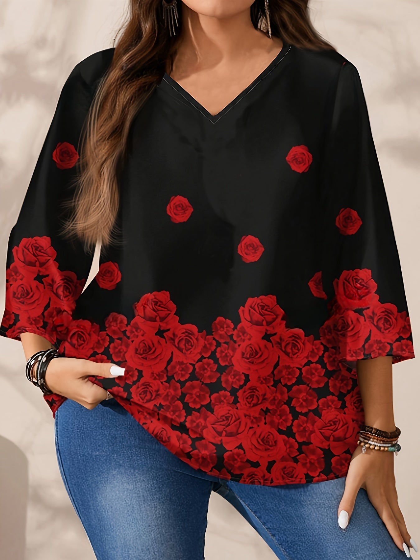 Plus Size Women's Rose Print 3/4 Sleeve T-Shirt