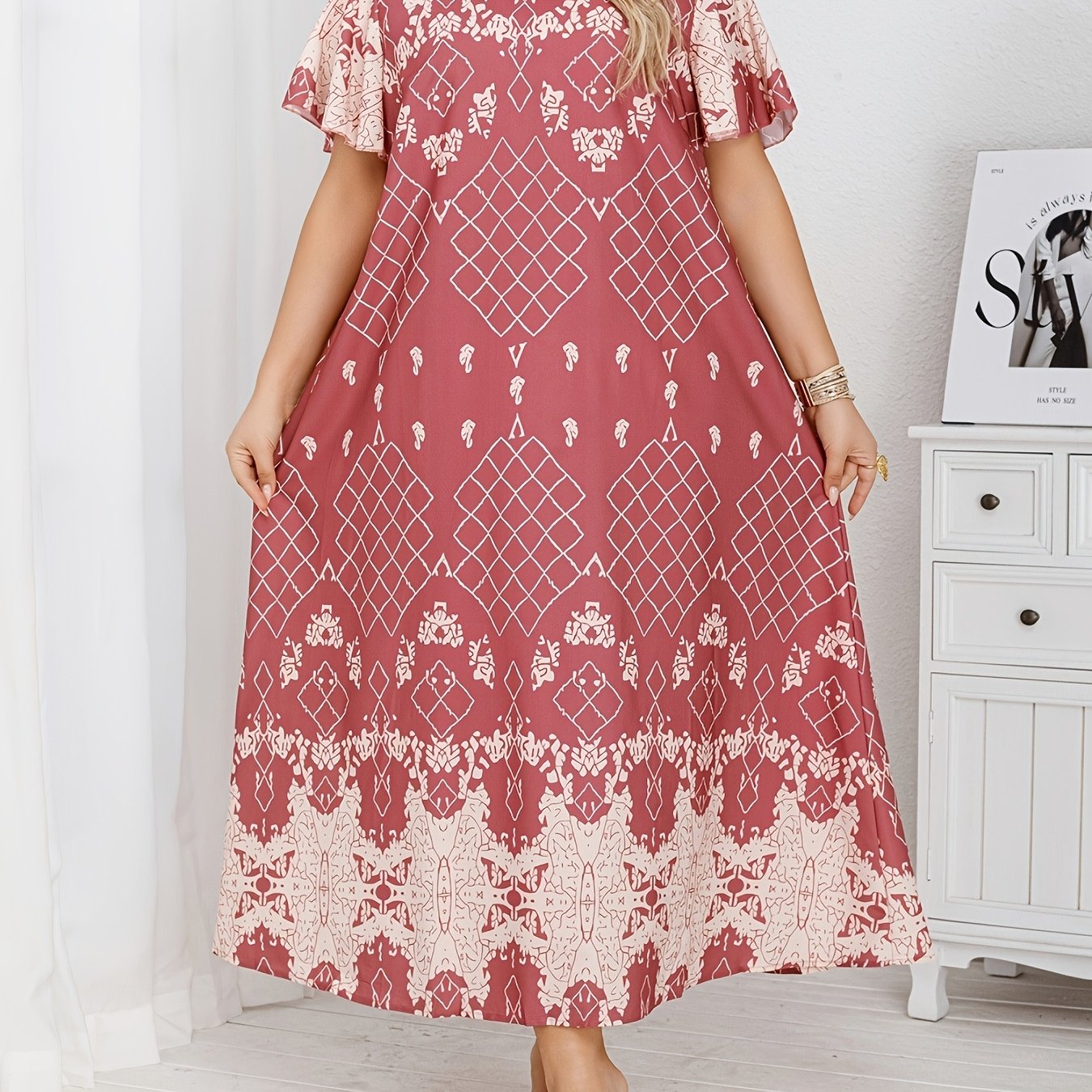 Plus Size Woven Polyester Blend Tunic Dress Crew Neck All-Season Middle Eastern Style