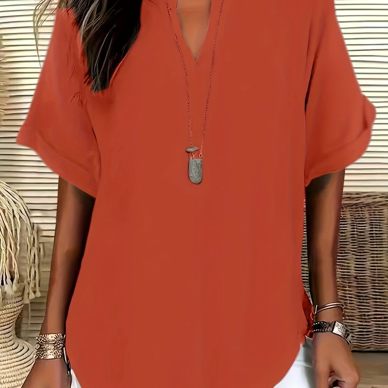 Plus Size Women's Short Sleeve Blouse Casual V-Neck Flared Hem All-Season Shirt