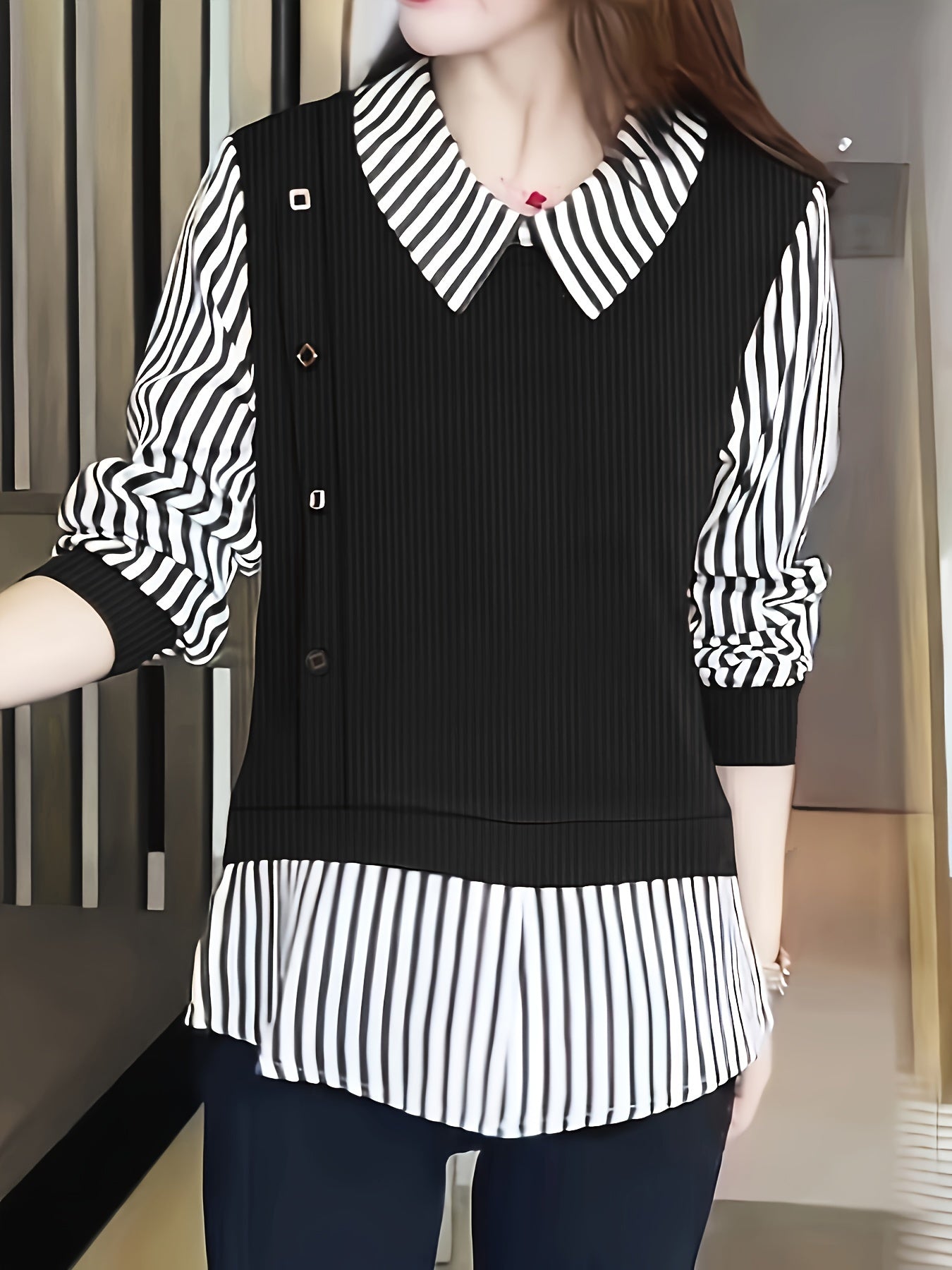 Women's Striped Faux Twinset Blouse with Contrast Collar and Three-Quarter Sleeves