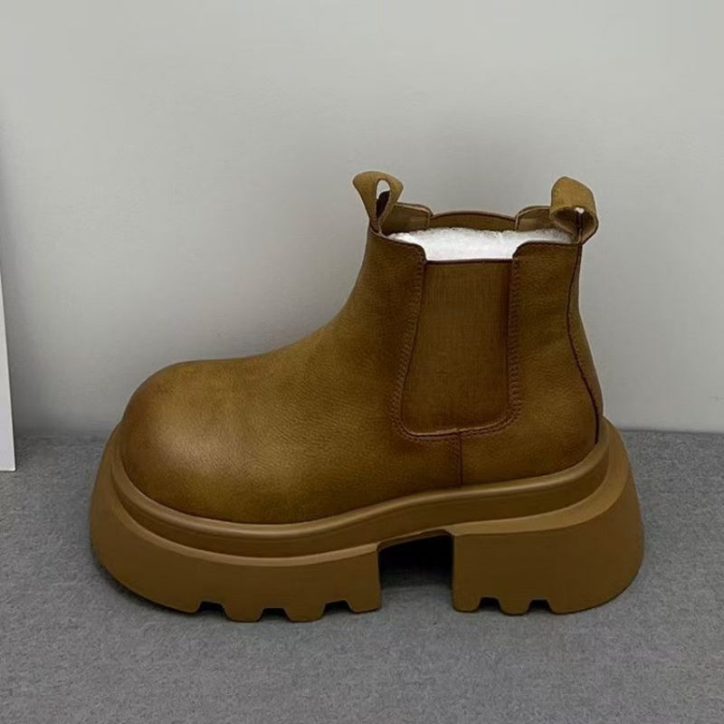Women's Chunky Platform Boots Slip-On Thick Sole Non-Slip Rubber Brown Black Winter