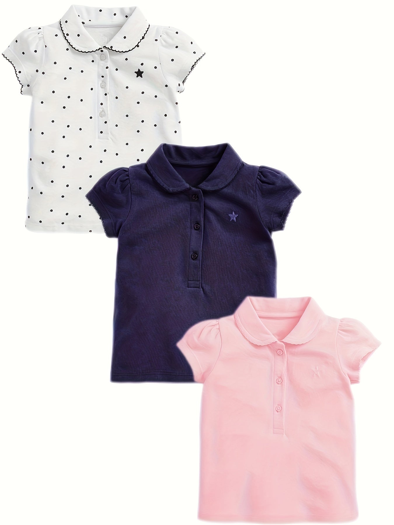 Set of 3 Toddler Girls Cotton Polo Shirts with Star Embroidery and Polka Dot Graphics