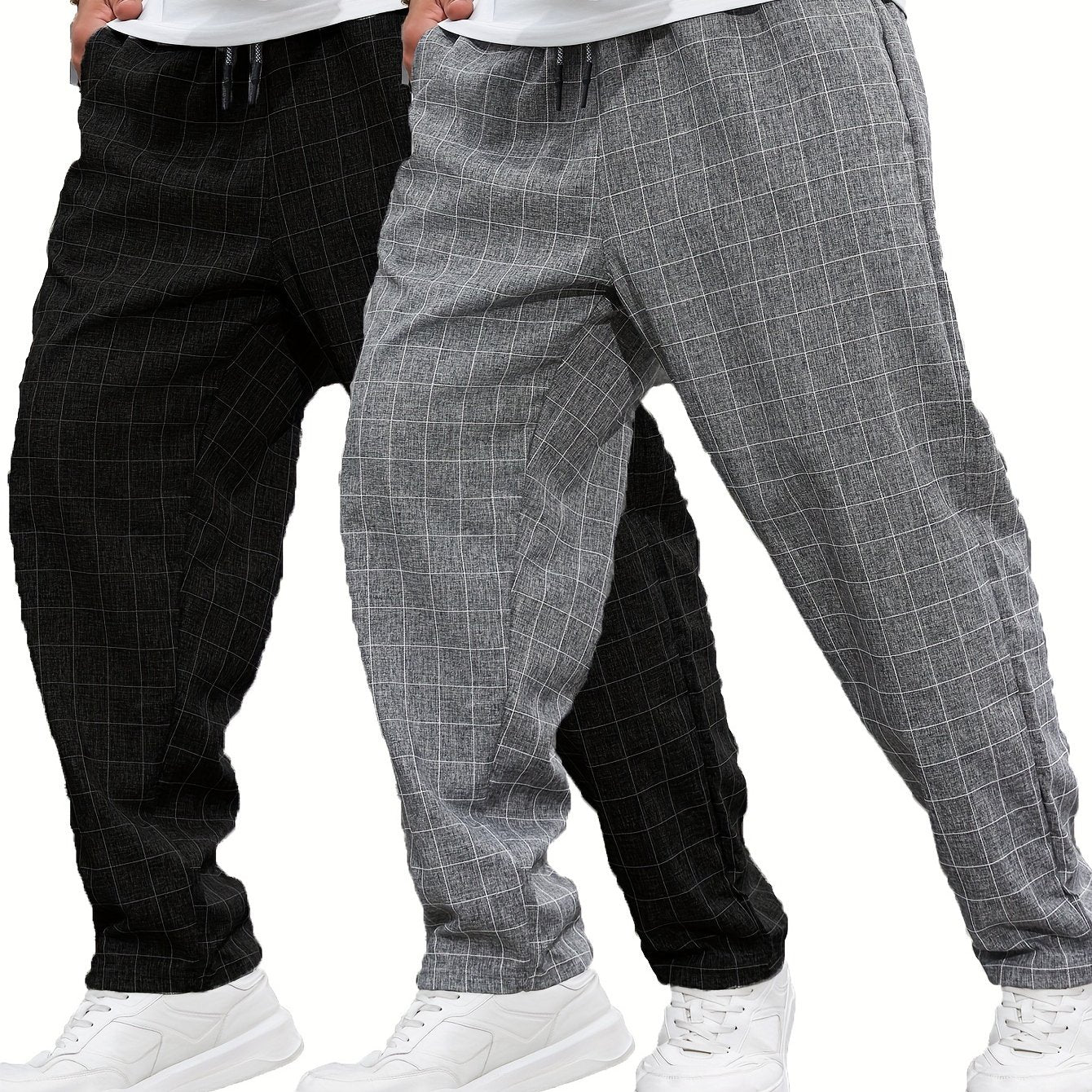 Plus Size Men's Casual Plaid Polyester Pants Set of 2 All-Season