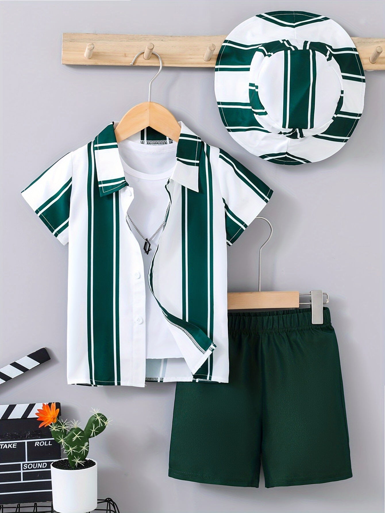 Kids Boys Summer Outfit 3-Piece Striped Shirt Shorts Hat Polyester Casual