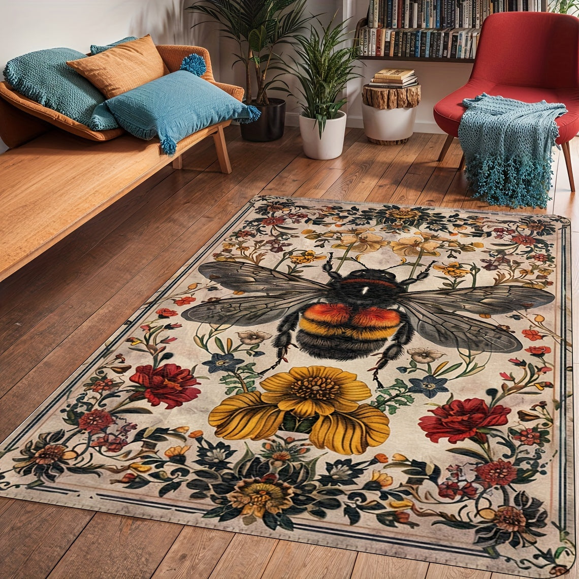 Vintage Bee Design Soft Non-Slip Area Rug Stain Resistant Machine Washable for Living Room Kitchen
