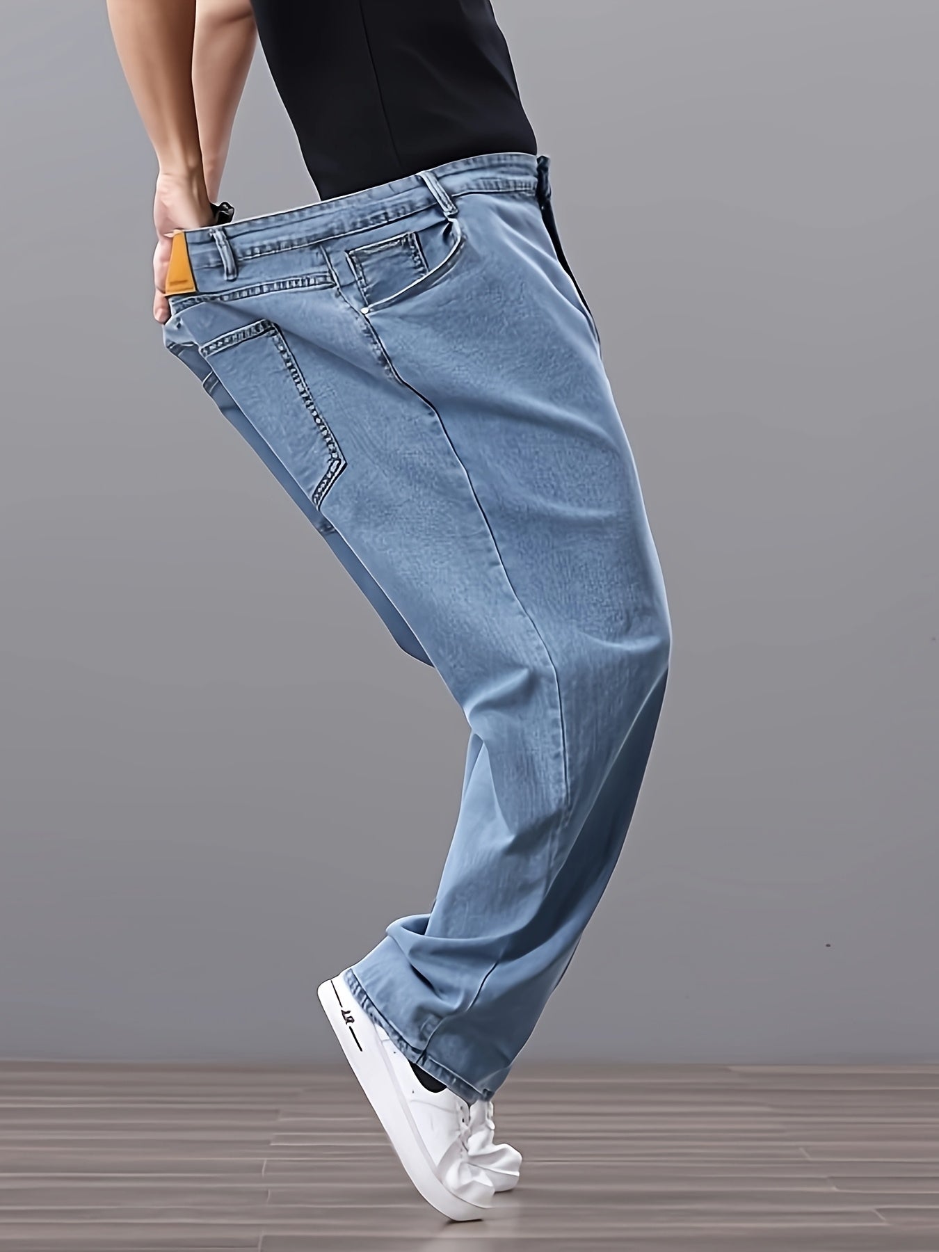 Men's High-Waisted Stretch Denim Jeans Regular Fit Straight Leg Solid Color