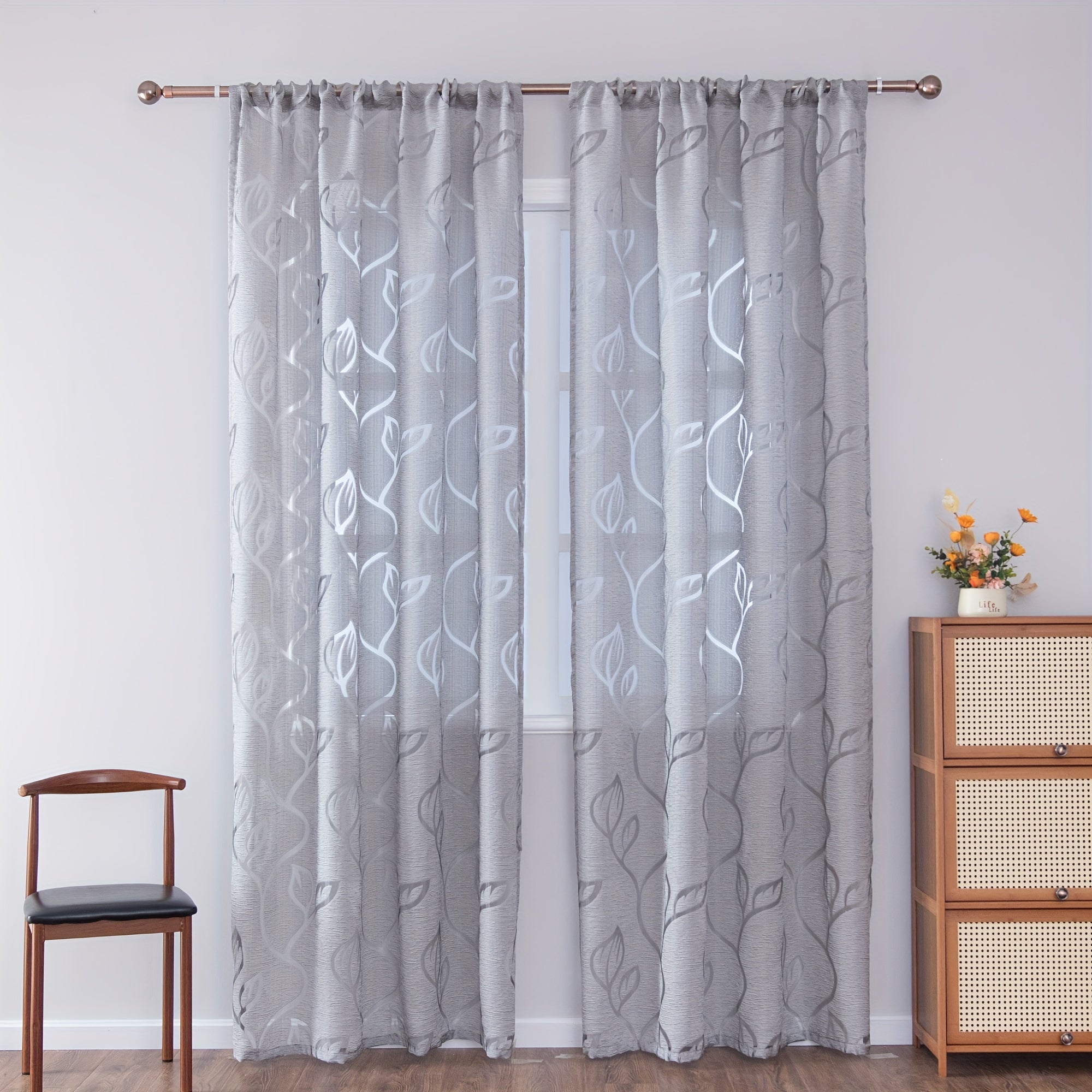 Gray Floral Sheer Curtain with Rod Pocket for Living Room and Bedroom