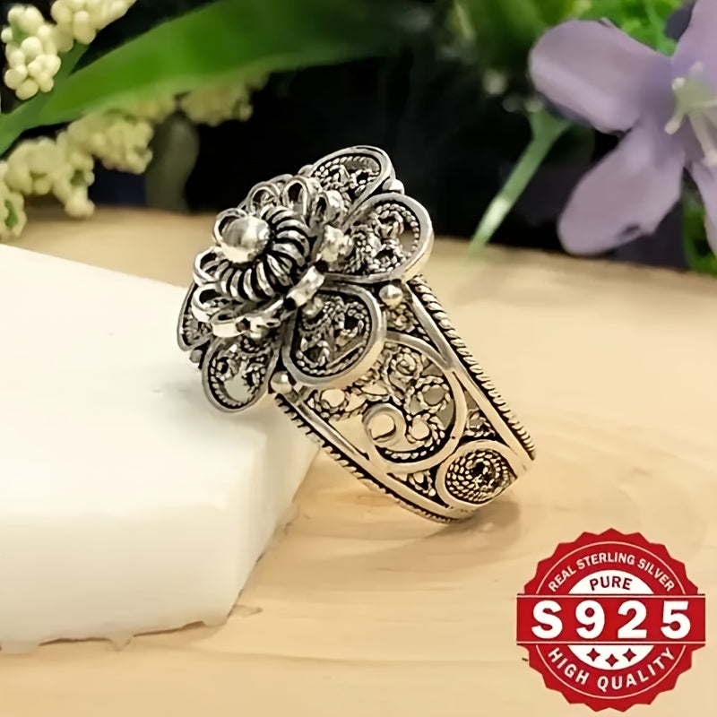 Sterling Silver Daisy Ring Hollow Design Bohemian Style for Weddings and Parties