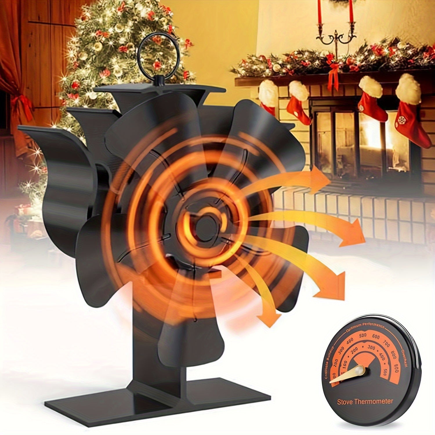 High-Speed Aluminum Heat Powered Stove Fan for Wood Gas Pellet Stoves with Thermometer