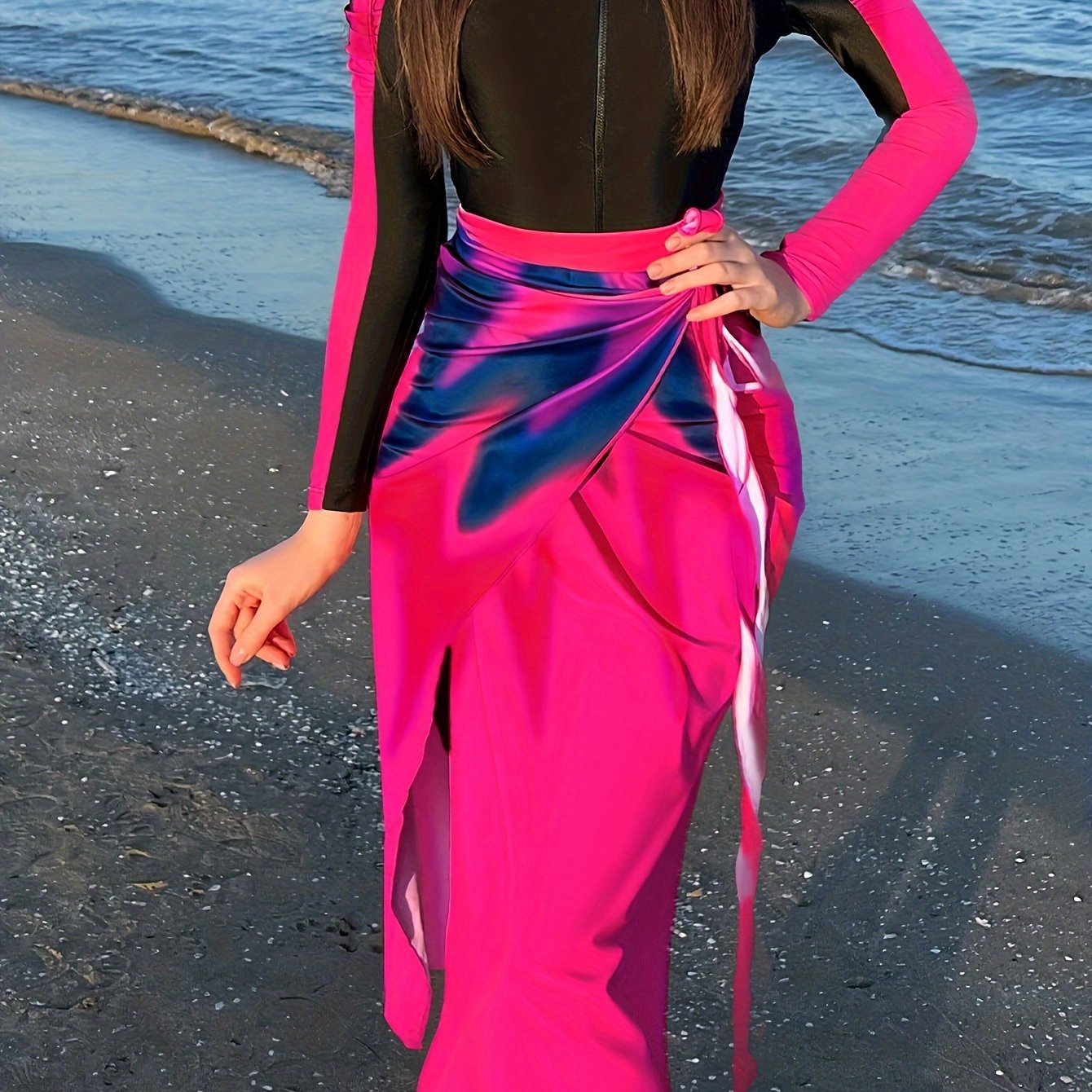 XQY BaiHui Ayollar uchun Tashqi Ko'rinishda Kichik Tashqi Qoplama va Shimlar bilan Tie-Dye Print Modest Suvga Tushish To'plami - Plyaj va Havuz uchun Ideal, Harakat Usuli bilan.