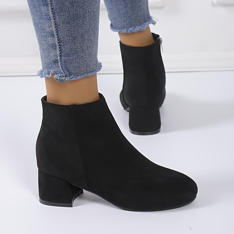 Women's Solid Color Block Heeled Ankle Boots Side Zipper Short Shoes